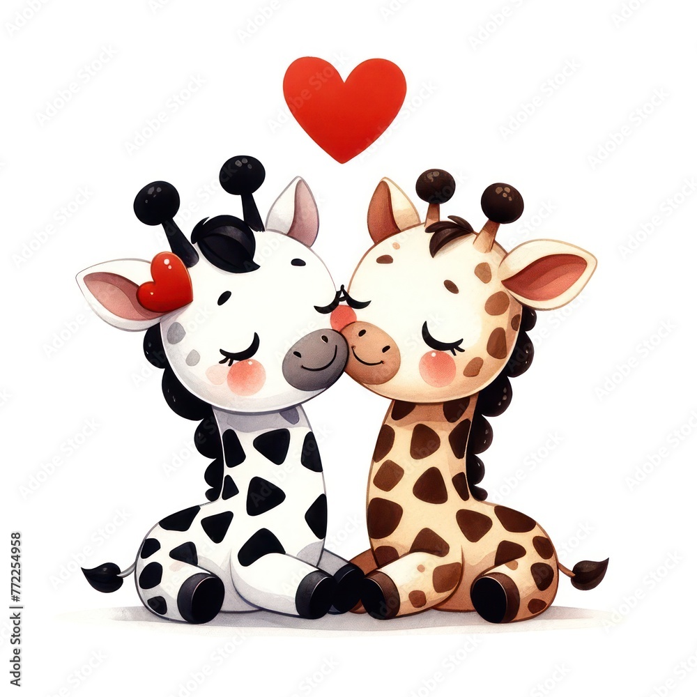Fototapeta premium Two giraffes are hugging each other with a heart in the middle. The giraffes are cute and cuddly, and the heart symbolizes love and affection