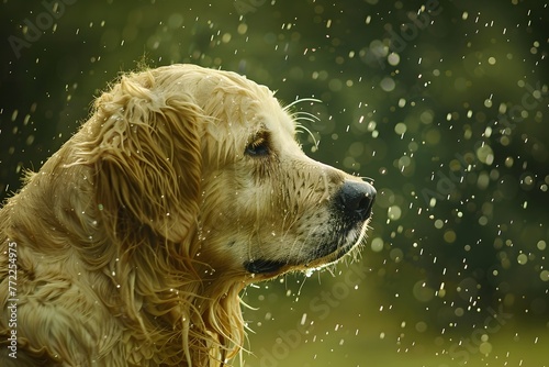 A cute brown dog, a sadly animal, is looking sadly in the rain photo