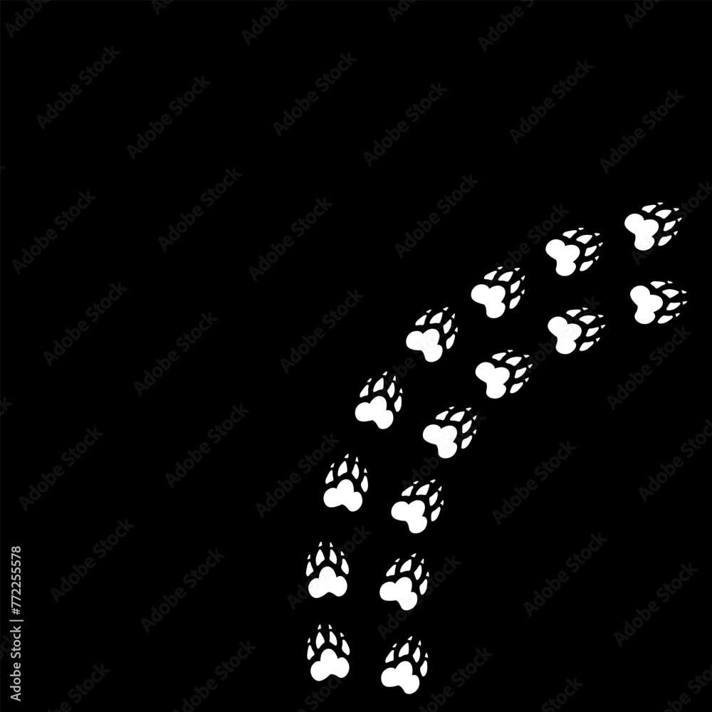 Pet paw print foot trail. Hand drawn, modern calligraphy, line on white background, isolated vector illustration on black.