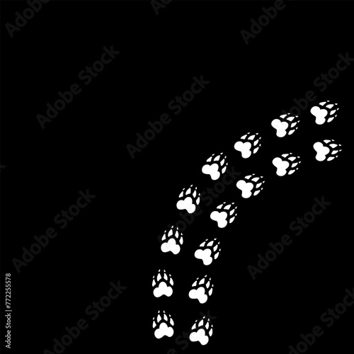 Pet paw print foot trail. Hand drawn, modern calligraphy, line on white background, isolated vector illustration on black. (ID: 772255578)