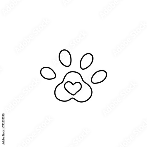 Paw with heart line icon, pet shop logo, pet care, pet friendly, emblem, hand drawn, modern calligraphy, line on white background, isolated vector illustration. (ID: 772255599)
