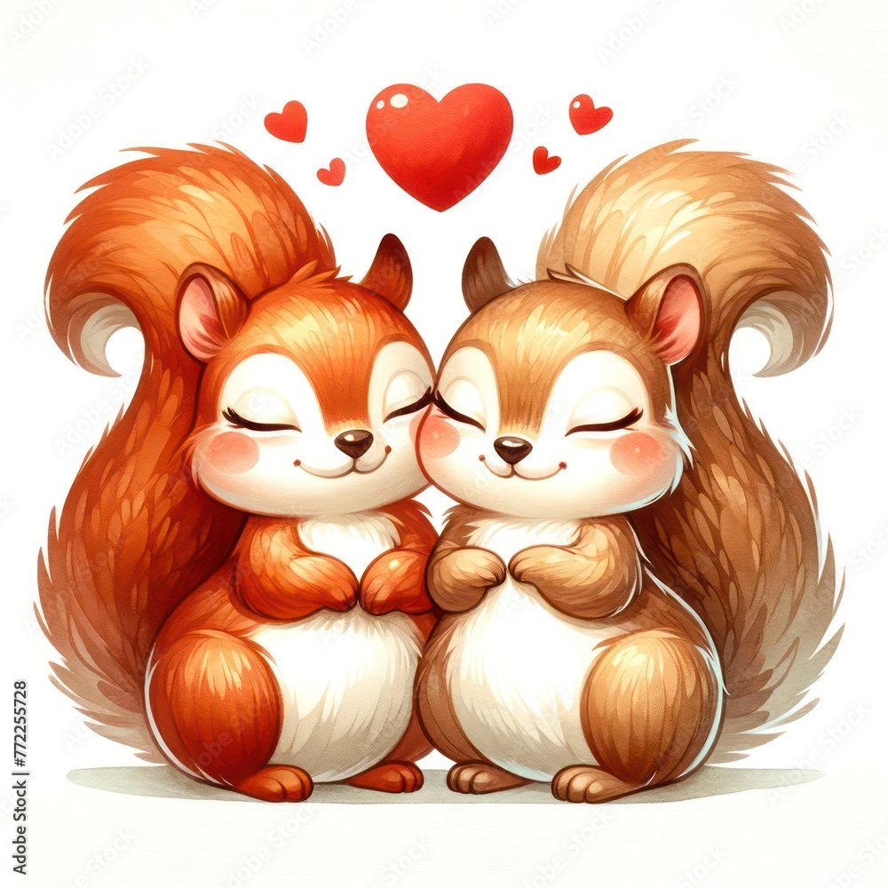 Obraz premium Two cute little squirrels hugging each other with a heart in the middle. Concept of love and warmth
