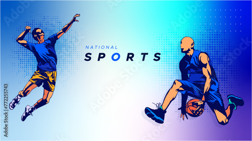vector background, National Sports Day Celebration. featuring volleyball and basketball athletes in front of sports-themed backdrops. Design with the concept of national sports celebration	