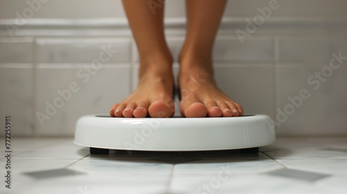  A person using a scale in bare feet. Weight management. Health and lifestyle. Healthy lifestyle choices