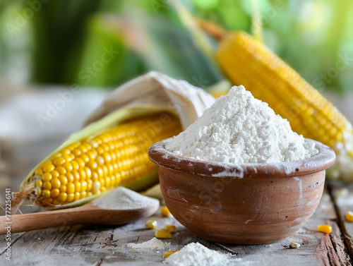 Tabletop corn cobs and corn flour in a wooden bowl