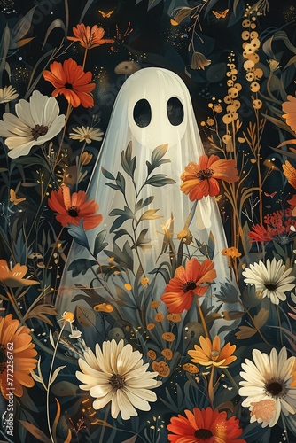 Boho Aesthetic print of a Cute Retro Floral adorable Ghost light, illustration made with generative AI