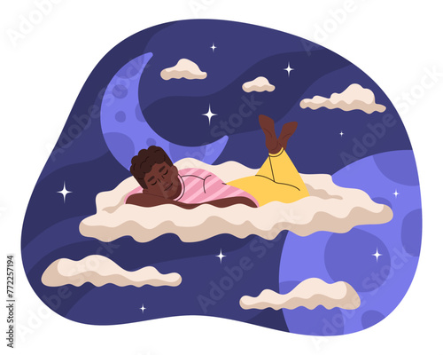 Young man in pajamas sleeping in clouds. Concept of healthy sleep, dreams. Vector flat illustration.
