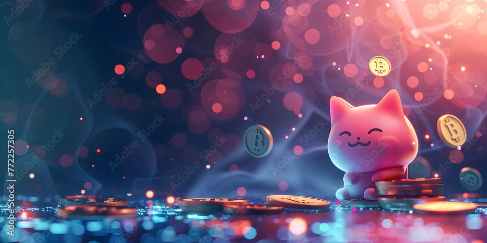 A whimsical and enchanting digital depicting a cute cartoon-like feline character trading or exchanging virtual cryptocurrency - obrazy, fototapety, plakaty 