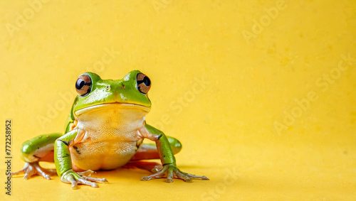 Green exotic frog on yellow background with copy space. Funny abstract green frog , isolated on yellow background banner photo