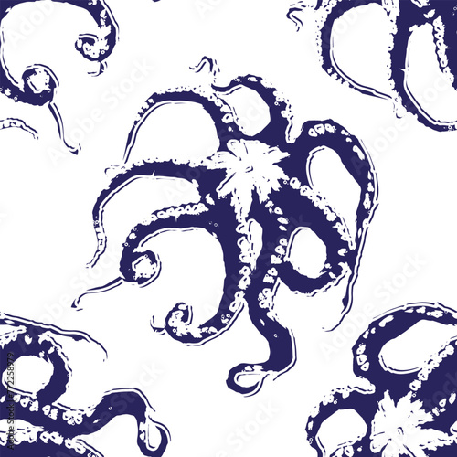Seamless vector pattern with octopus on white background.