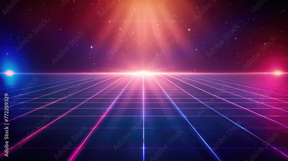 Abstract 80s retro neon synthwave background with grid and glowing light gradient Abstract 80s retro neon synthwave background with grid and glowing light gradient