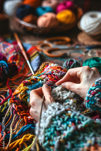 Unravel the art of knitting: An interactive step-by-step knitting tutorial with vibrant colored yarns and essential accessories