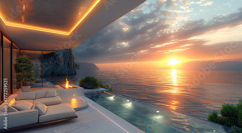 The space is a luxurious balcony on the beach at sunset. Generative AI. © visoot
