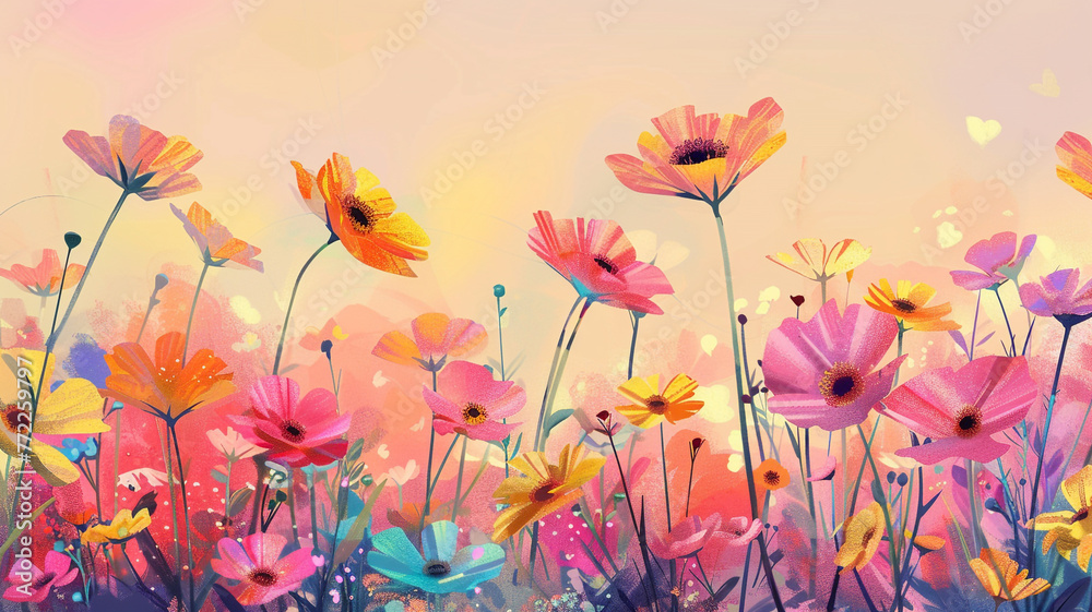 illustration of vibrant season flowers against a soft pastel backdrop.