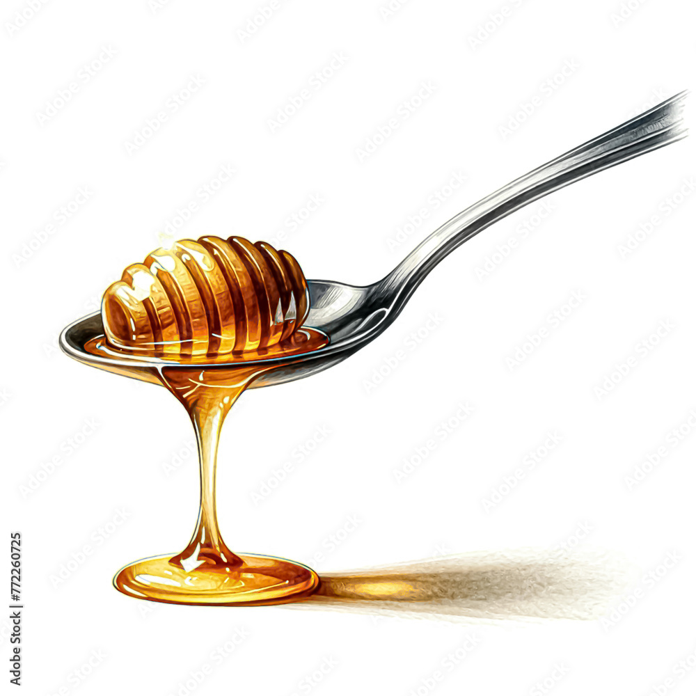 An illustration for Bee day, Honey dipper from a spoon, rendered in watercolor style. An illustration for Bee day, Honey dipper from a spoon, rendered in watercolor style.