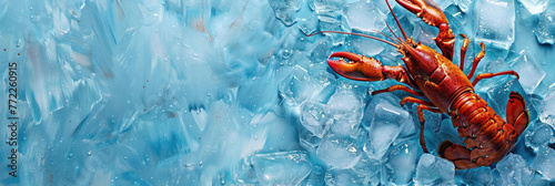 horizontal banner for fish market, fresh seafood, big red lobster lying on crushed ice, ice cubes, food preservation, blue background, copy space, free space for text photo