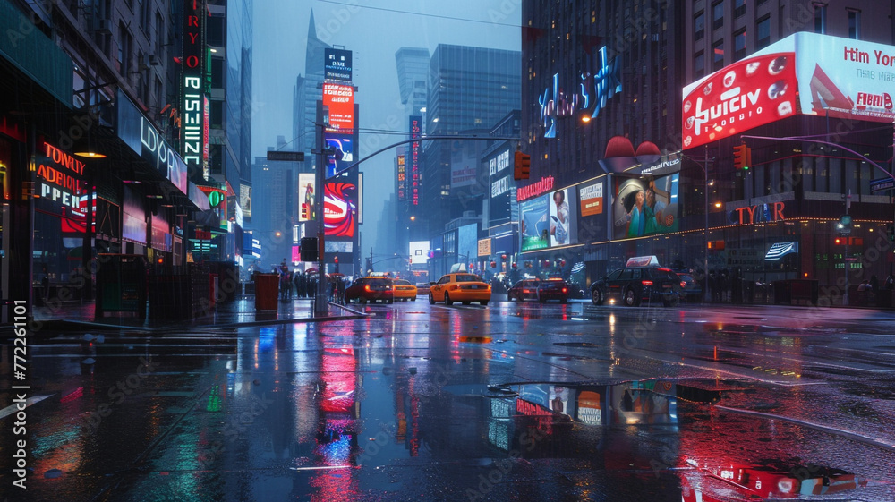 The image of an extremely wet times square. - obrazy, fototapety, plakaty 
