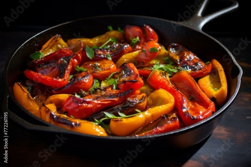 Spicy Roasted peppers in pan. Healthy tasty grilled vegetables in frying pan. Generate ai