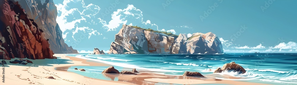 Dramatic Coastal Landscape with Towering Rock Formations Serene Ocean Waves Sculpting the Shoreline in a Tranquil Beachside Paradise - obrazy, fototapety, plakaty 