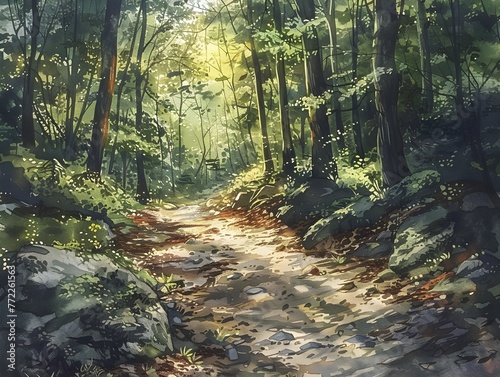 Enchanting Forest Path Dappled in Warm Sunlight a Serene Walk Through Nature s Timeless Sanctuary © Thares2020