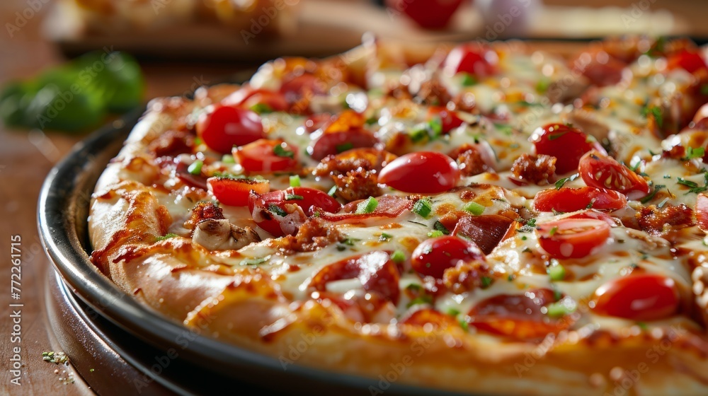 Delectable Divisions: A mouthwatering portrayal of a pizza slice, with cheese and enticing toppings being pulled apart Delectable Divisions: A mouthwatering portrayal of a pizza slice, with cheese and enticing toppings being pulled apart