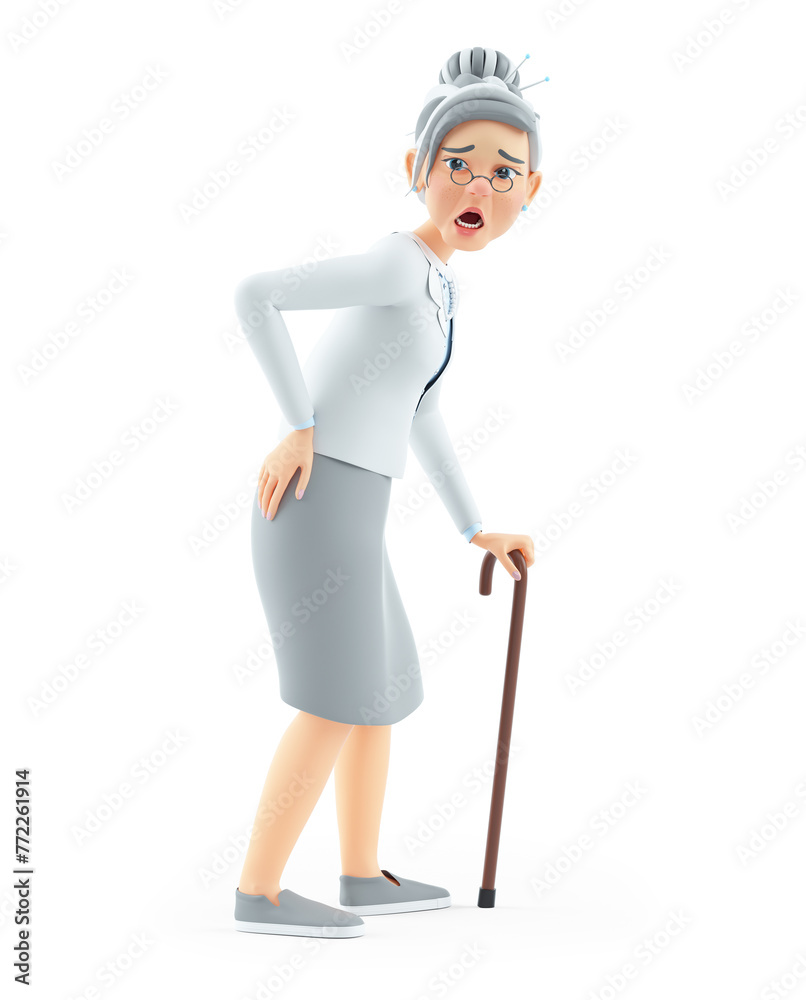 3d cartoon granny suffering from back pain 3d cartoon granny suffering from back pain