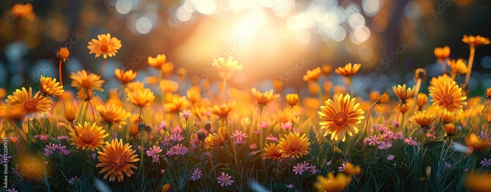 Beautiful spring meadow with wild flowers, dandelions and grass on a blurred background, in the style of sunshine generative AI - obrazy, fototapety, plakaty 