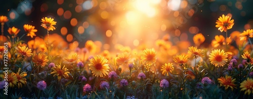 Beautiful spring meadow with wild flowers  dandelions and grass on a blurred background  in the style of sunshine generative AI