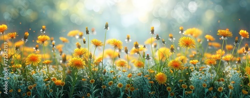 Beautiful spring meadow with wild flowers, dandelions and grass on a blurred background, in the style of sunshine generative AI photo