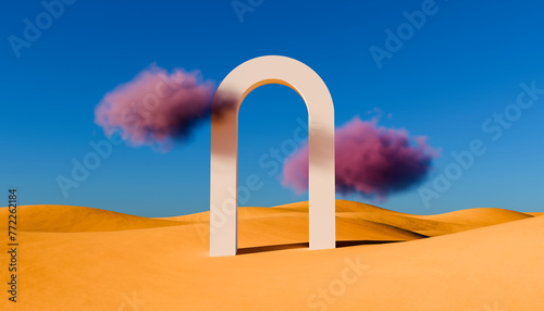 Fototapeta Naklejka Na Ścianę i Meble -  3d render, Surreal desert landscape with white arche and pink clouds in the blue sky. Modern minimal abstract background. Premium podium made of stone on send background with smoke fluffy clouds