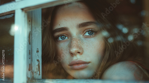 Retrato de mujer triste detrás de una ventana