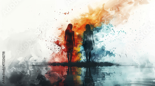 Watercolor Illustration of the duality of bipolar disorder with two silhouetted figures against a backdrop of splattered paint.  photo