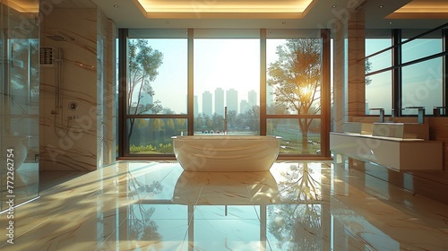 Luxurious bathroom space, clean floors, oversized floor-to-ceiling windows. Generative AI.