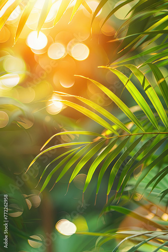  Blur beautiful nature green palm leaf on tropical beach with bokeh sun light wave abstract background © Kitta