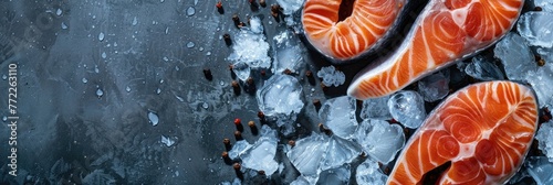 horizontal banner for fish market, fresh seafood, salmon steaks lying on crushed ice, ice cubes, food preservation, background, copy space, free space for text photo
