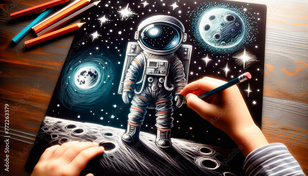 a child's hand draws drawing of an astronaut in a spacesuit on the surface of the Moon against the background of stars of different colors in black space. Cosmonautics day. children's drawing - obrazy, fototapety, plakaty 