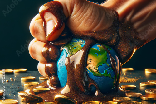 Macro shot of a hand forcefully compressing a small Earth, viscous golden coins seeping out, illustrating the environmental cost of economic exploitation photo