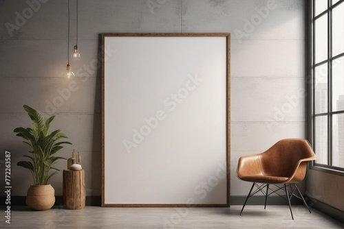 A blank photo frame on a painted wall for mockup design © Thanh