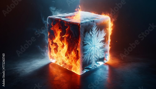 Icy cube with a fiery split, visual temperature play - A mesmerizing cube partly encased in ice while the other part is consumed by flames, depicting temperature extremes photo