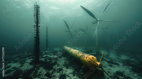 Checks the lower part of an offshore wind farm. underwater. Generative AI.