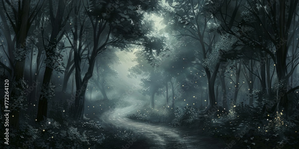 Fototapeta premium Nocturnal Reverie: An enchanting scene featuring a dark forest basked in the radiance of a full moon, inviting the imagination to wander through its enchanting depths
