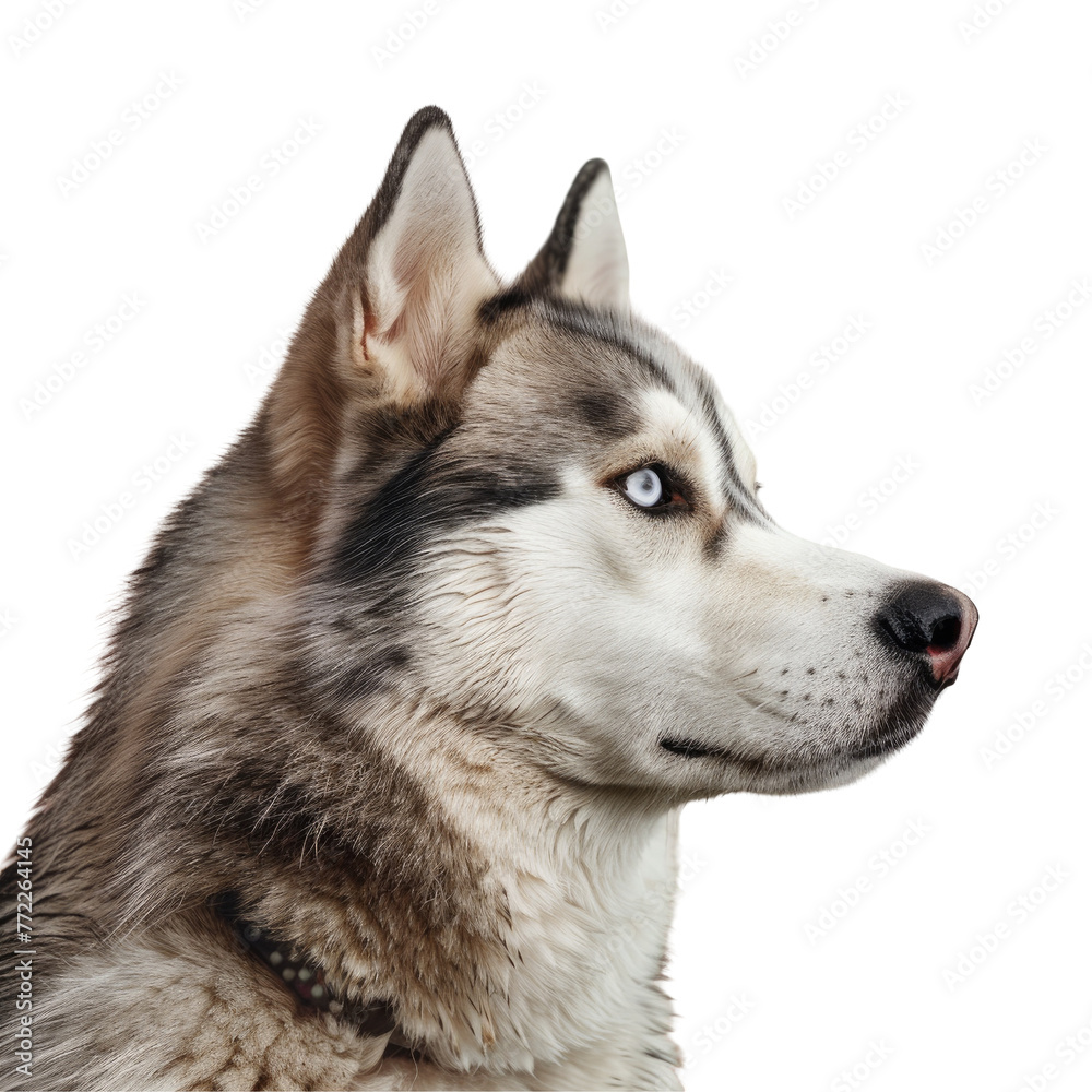 A Siberian Husky with striking blue eyes gazes sideways against a transparent background