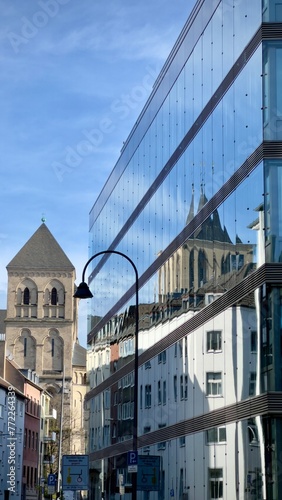 old church reflected in building, cologne, köln, nre, germany