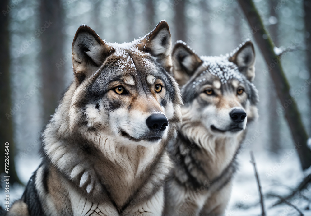 Naklejka premium Tw Wolfs in a snow covered forest.