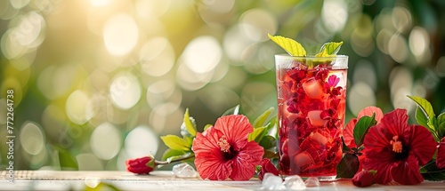 Over a wooden setting, an enticing hibiscus tea with ice cubes and roselle flowers looks lovely over a fuzzy setting of wild and space, Generative AI. photo