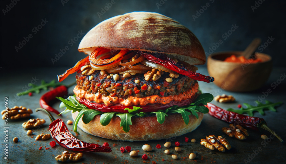 Close-up of an exotic vegan burger with a lentil and chickpea patty, topped with spicy mango salsa and a smear of hummus on a sesame seed bun