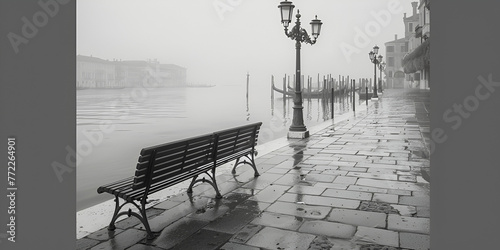 long time exposure of typical wooden bench on promenade in Venice (Venezia) on a rainy day in autumn without people, Italy, black and white. generative ai  photo
