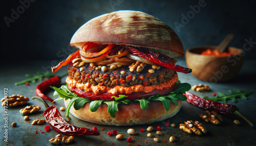Close-up of an exotic vegan burger with a lentil and chickpea patty, topped with spicy mango salsa and a smear of hummus on a sesame seed bun photo