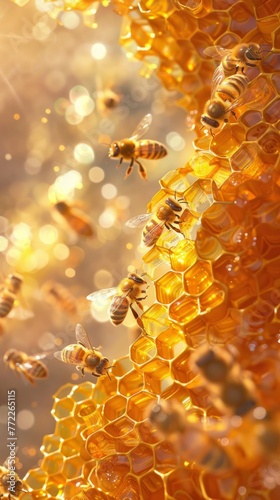 Nature's Golden Geometry: A captivating close-up of a honeycomb with bees, an intricate masterpiece of the hive
