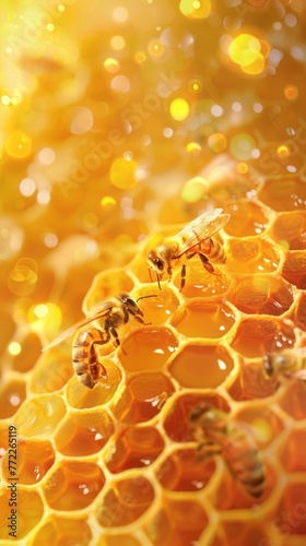 Intricate Connections: A detailed portrayal of bees within a honeycomb, a testament to the intricate collaboration of nature's architects